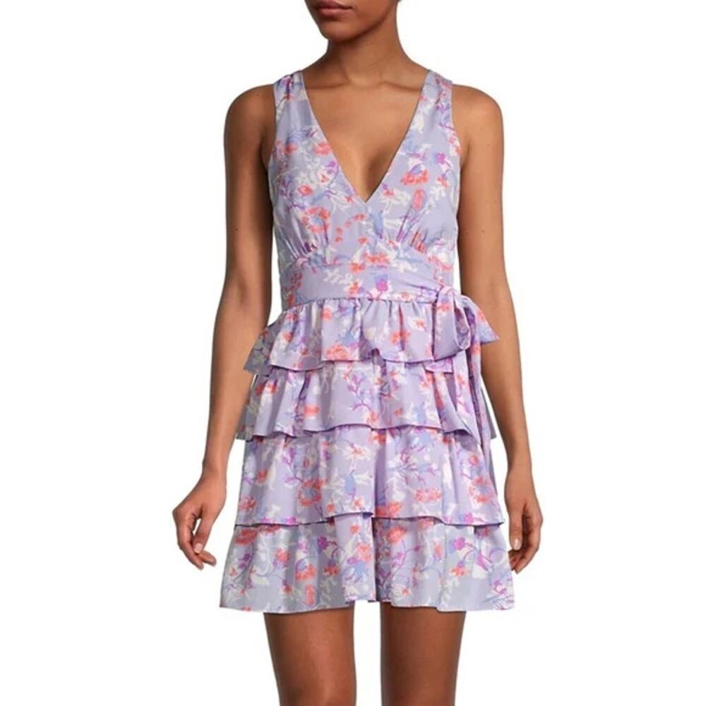 LIKELY Rana Mini Dress Size 6 Purple Floral Ruffle Tiered Sleeveless Belted
